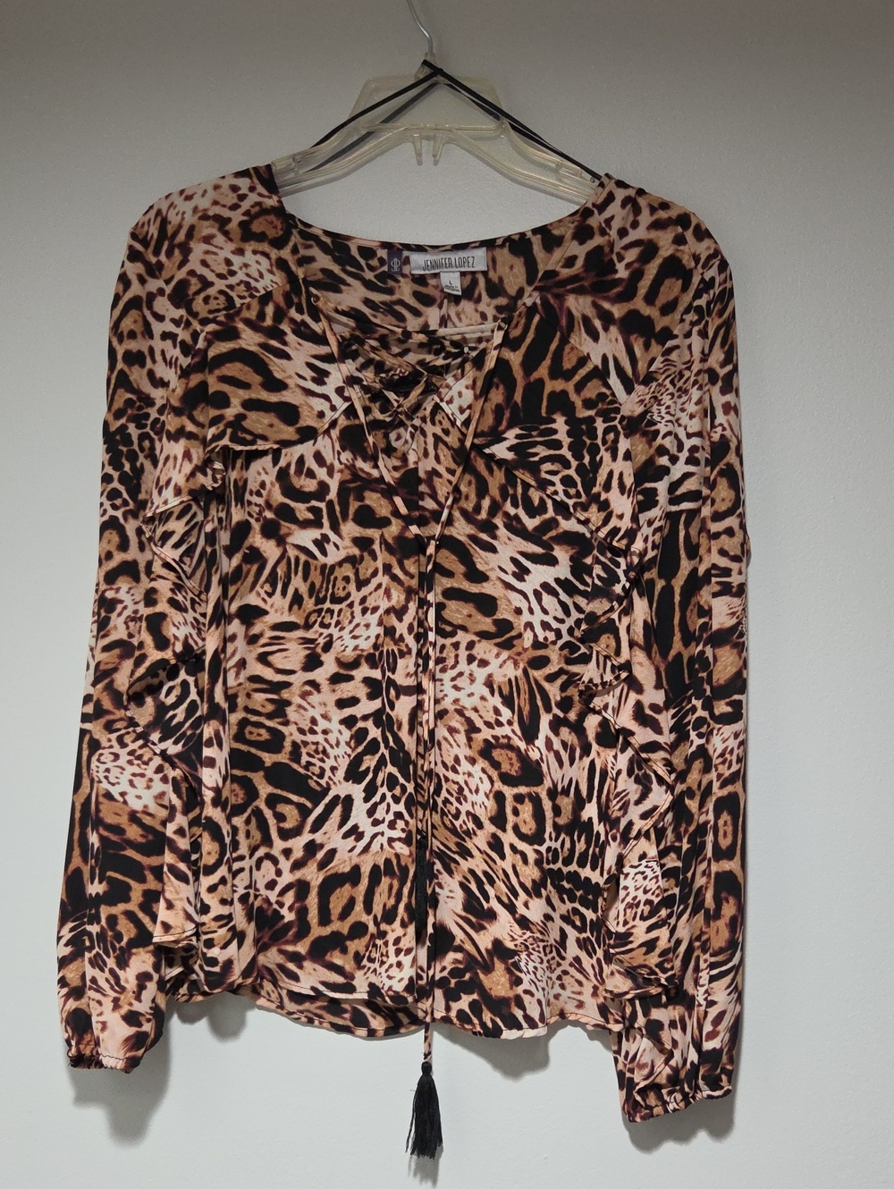 Jennifer Lopez Brown and Black Animal Print Lace-Up Blouse Size L